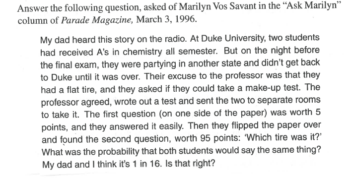 Marilyn Vos Savant question in Parade a couple of weeks ago