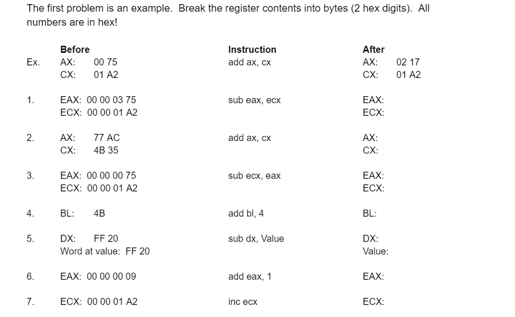 The first problem is an example. Break the register contents into bytes (2 hex digits). All numbers are in hex! Instruction add ax, cx After AX: 02 17 CX: 01 A2 Before Ex. AX00 75 CX: 01 A2 sub eax, ecx EAX: ECX: EAX: 00 00 03 75 ECX: 00 00 01 A2 AX CX AX: 77 AC add ax, cx CX: 4B 35 EAX: ECX EAX: 00 00 00 75 sub ecx, eax ECX: 00 00 01 A2 BL: 4B DX: FF 20 4 add bl, 4 BL: ?? Value sub dx, Value Word at value: FF 20 EAX: 00 00 00 09 ECX: 00 00 01 A2 add eax, 1 EAX inc ecx ECX: