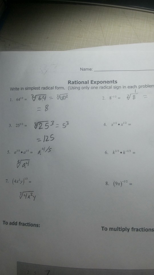 Solved Name Rational Exponents Write In Simplest Radical | Chegg.com