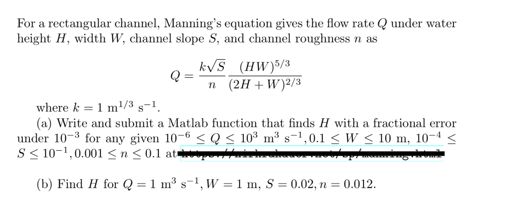 Solved For A Rectangular Channel Manning S Equation Give Chegg Com