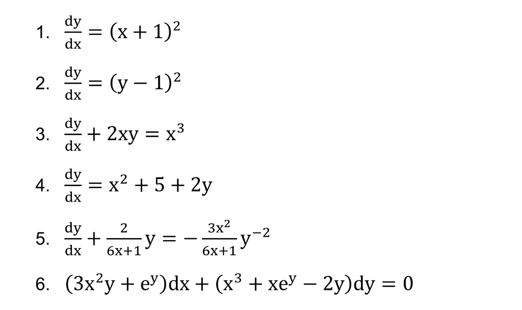 Y 2xy 0. DX=1/Y'dy. (X^2+2*XY)*DX+XY*dy=0. Dy=2-x^3dx. (X+1-1)^2dy=2(y+2)^2dx.