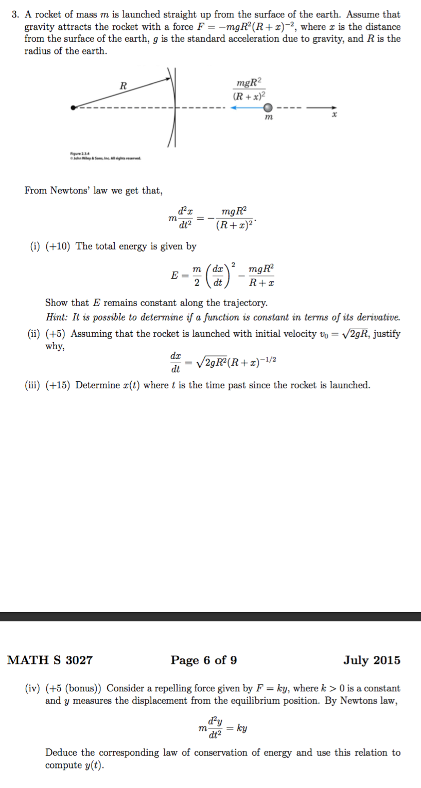 Solved A Rocket Of Mass M Is Launched Straight Up From Th Chegg Com