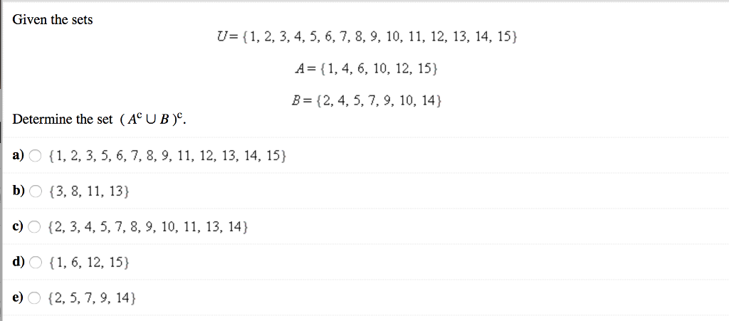 Solved Given The Sets U 1 2 3 4 5 6 7 8 9 10