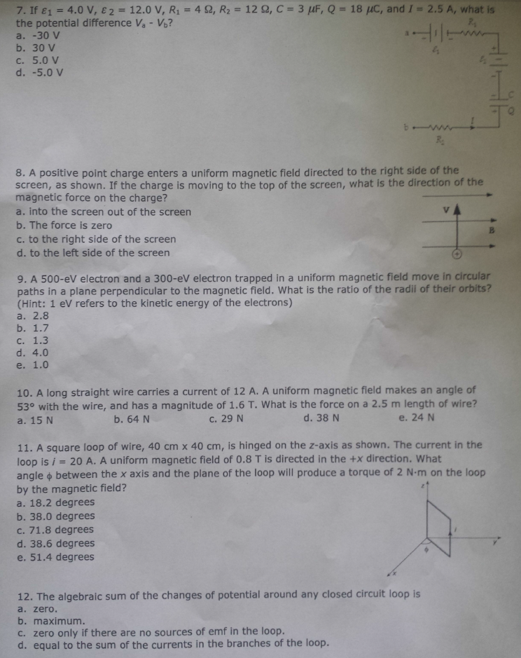 Solved 7 If E1 4 0 V E 2 12 0 V R 4 2 R2 12 2 C 3 Au Chegg Com