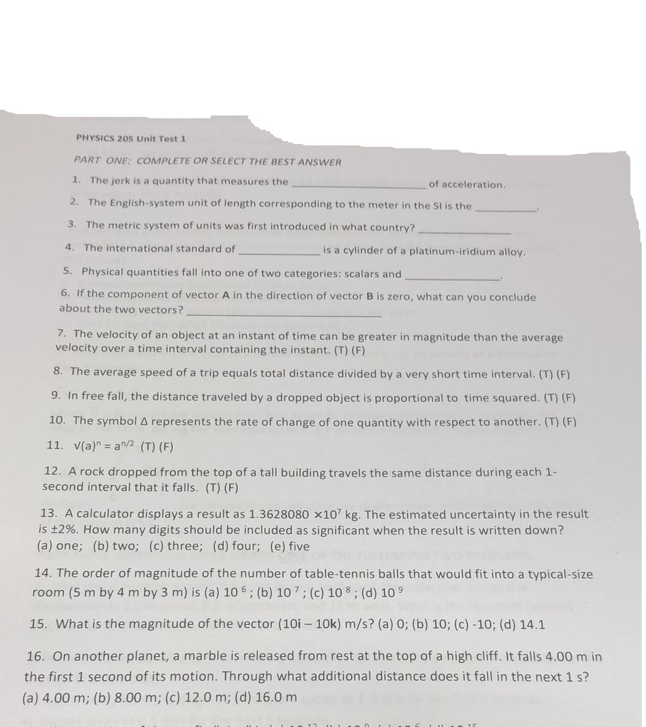 Solved Physics 205 Unit Test 1 Part One Complete Or Sele - 