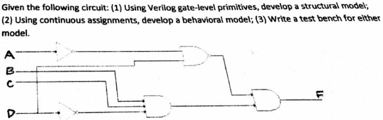 Given Using Verilog gate-level primitives, develop a structural mode, (2) Using continuous assignments, develop a behavioral model; (3) Write a test bench for either model. the following circuit: (1)