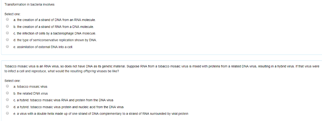 Transformation In Bacteria Involves Select One A The Chegg Com