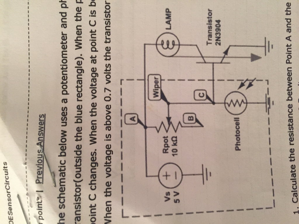 Question: The schematic uses a potentiometer and photocell in a voltage divider setup (inside blue rectangl.