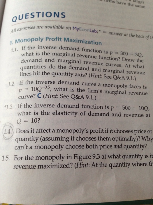 Solved Monopoly Profit Maximization If The Inverse Demand...