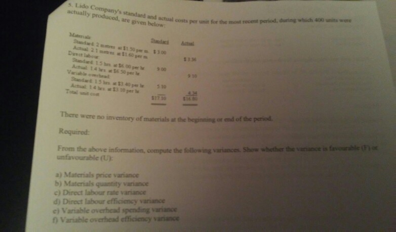 5. Lido C actually standard and are given below ctual costs per unit for the most recent period, during which 400 units woe Actual 21 m 1 60 per Standard 15hat6 00 per hr Actual 14 hes 56 50 per te 1336 900 910 Actual 14h1 $310 per Total unit o 16 were no inventory of materials at the beginning or end of the period Required From the above information, compute the following variances Show whether the varance is avceurable unfavourable (U): a) Materials price variance b) Materials quantity variance c) Direct labour rate variance d) Direct labour efficiency variance e) Variable overhead spending variance 1) Variable overhead efficiency variance