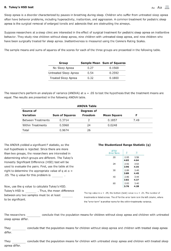 8 Tukey S Hsd Test Sleep Apnea Is A Disorde Chegg Com