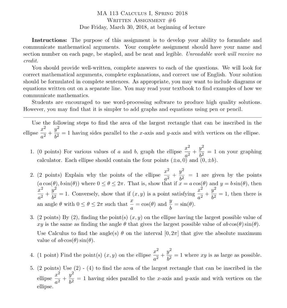 Solved MA 113 CALCULUS I, FALL 2020 WRITTEN ASSIGNMINT #9