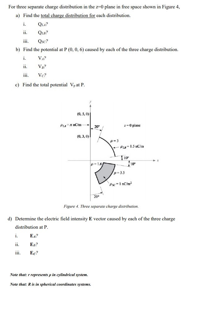 For three separate charge distribution in the z-0 plane in free space shown in Figure 4 a) Find the total charge distribution for each distribution. LA LB i. Qsc? b) Find the potential at P (0, 0, 6) caused by each of the three charge distribution. VA? ii. VB? iii. Vc? c) Find the total potential Vp at P (0,5,0) 20° z-0 plane (0,3.0) 10° 10° p 3.5 20° Figure 4. Three separate charge distribution. d) Determine the electric field intensity E vector caused by each of the three charge distribution at P 1. EA? 111 Lc Ec? Note that: r represents p in cylindrical system. Note that: R is in spherical coordinates systems.