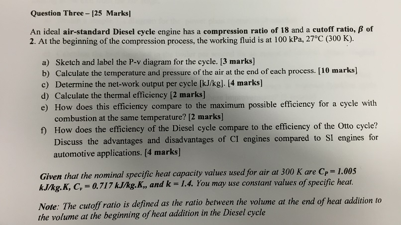 An Ideal Air Standard Diesel Cycle Engine Has A Co Chegg Com