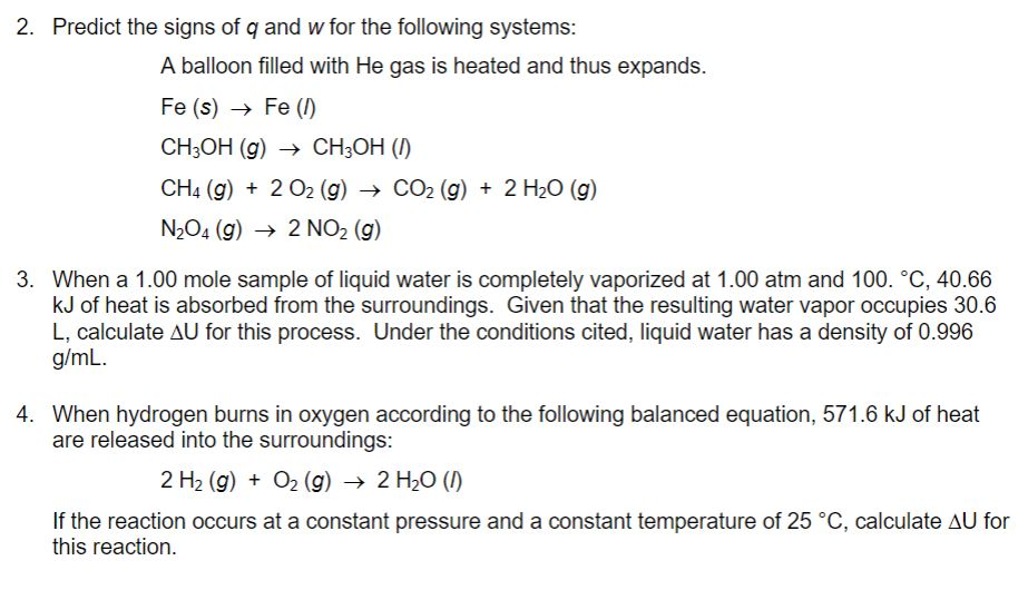 Solved 2 Predict The Signs Of Q And W For The Following Chegg Com