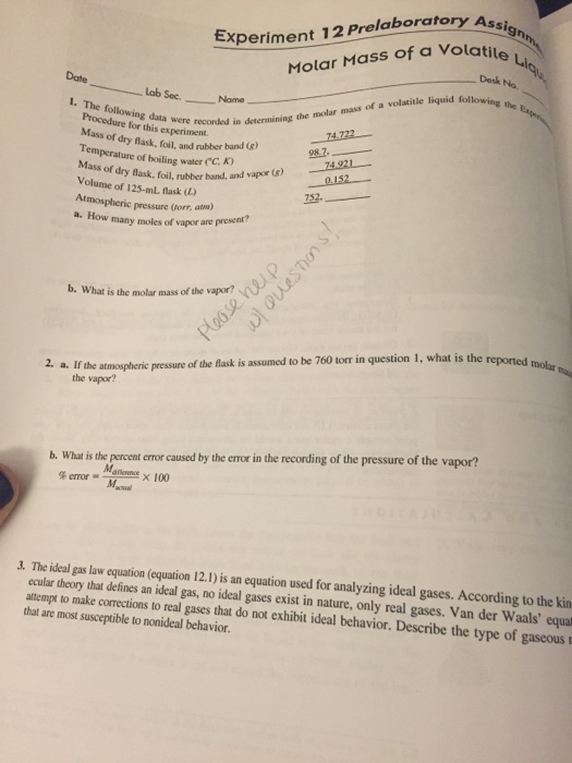 Assign Experiment 12 Prelaboratory Ass Molar Mass Of Chegg 
