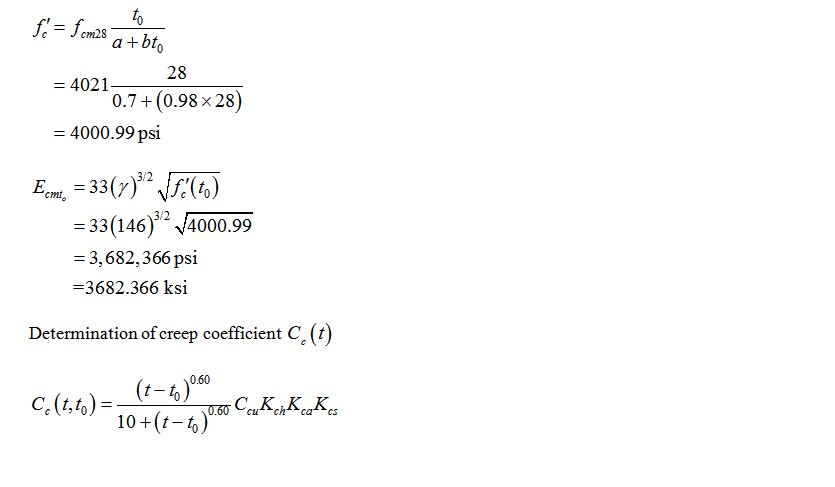 a +bt 28 - 4021 0.7 (0.98 x 28) - 4000.99 psi 312 C 33(146) 4000.99 -3,682,366 psi -3682.366 ksi Determination of creep coeff