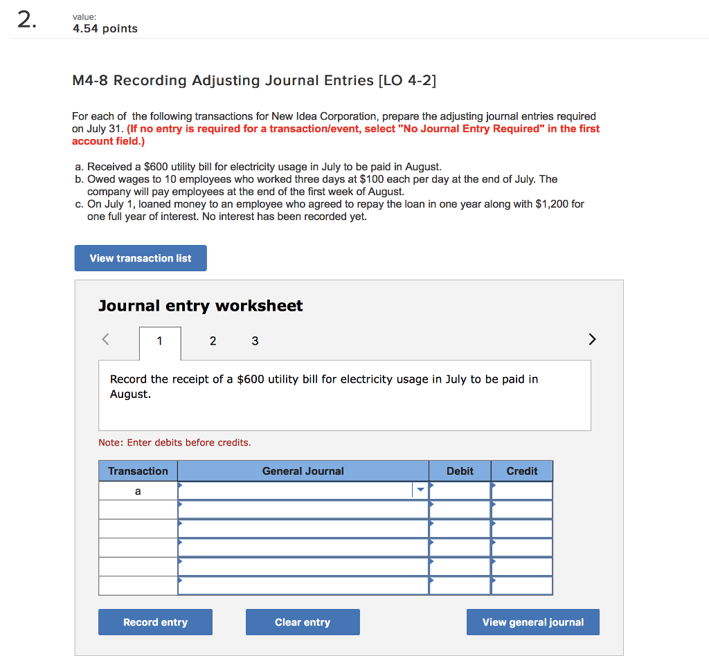 worksheet Journal Entry Worksheet solved value 4 54 points m4 8 recording adjusting journa journal entries lo 2