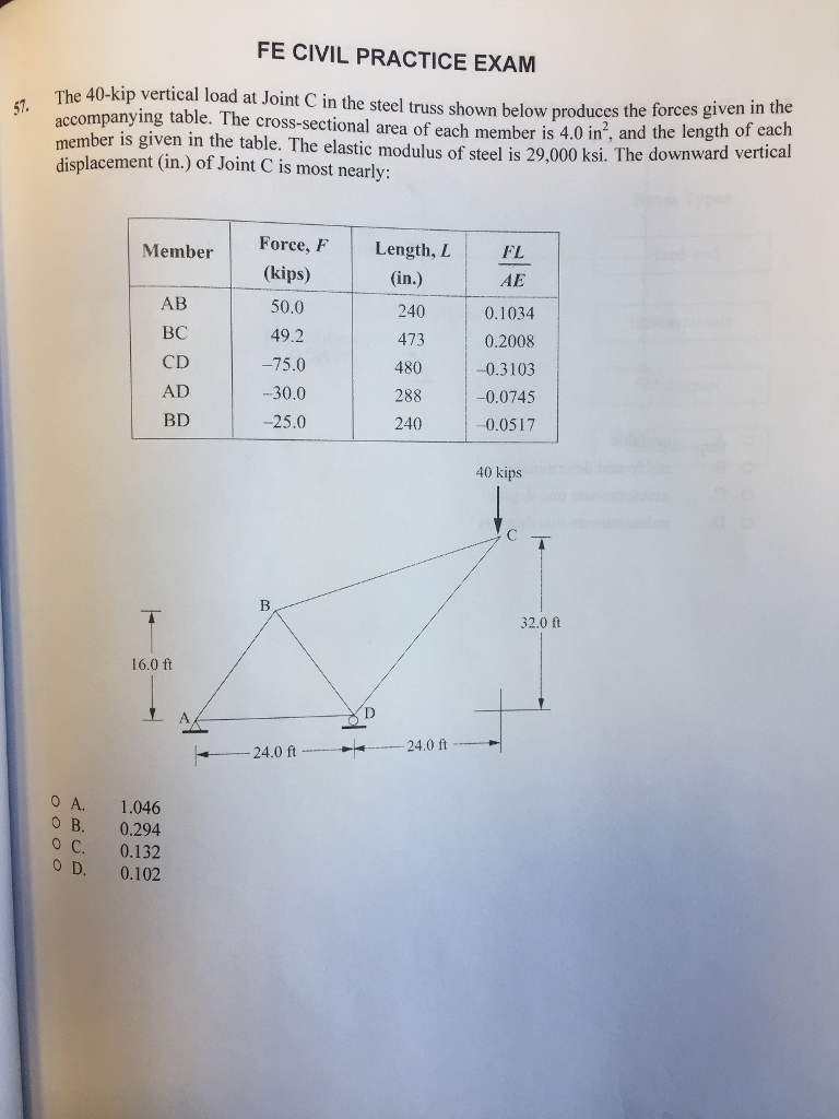 FE CIVIL PRACTICE EXAM The 40-kip vertical load at Joint C in the steel truss shown below produces the forces given in accompanying table. The cross-sectional area of each member is 4.0 in, and the member is given in the table. The elastic modulus of steel is 29,000 ksi. The downward verti displacement (in.) of Joint C is most nearly: the cal Length, L (in.) 240 473 480 288 240 FL AE 0.1034 0.2008 0.3103 0.0745 -0.0517 Member Force, F AB BC CD AD BD (kips) 50.0 49.2 -75.0 -30.0 -25.0 40 kips 32.0 ft 16.0 ft 24.0 ft 24.0 ft O A. 1.046 0 B. 0.294 o C. 0.132 0 D. 0.102