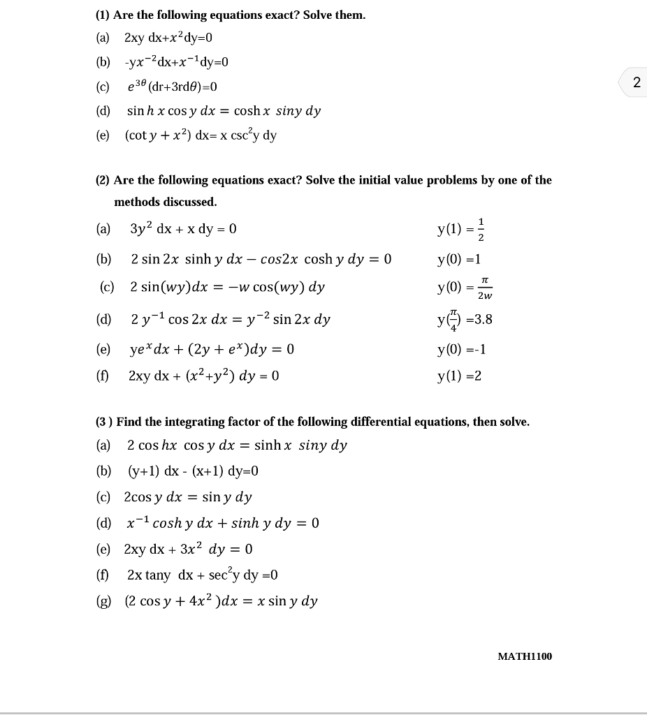 Solved 1 Are The Following Equations Exact Solve Them Chegg Com