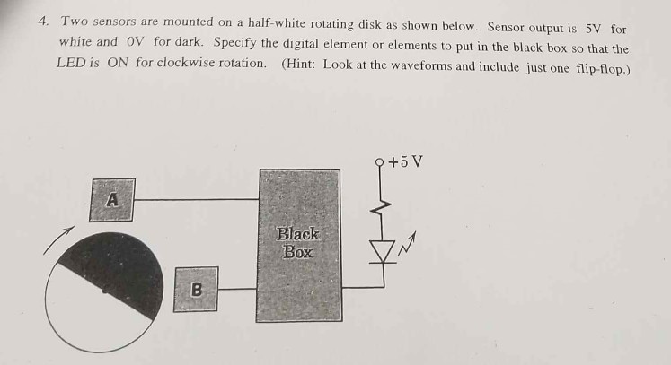 4. Two sensors are mounted on a half-white rotating disk as shown below. Sensor output is 5V for white and OV for dark. Specify the digital element or elements to put in the black box so that the LED is ON for clockwise rotation. (Hint: Look at the waveforms and include just one flip-flop.) +5 V Black Box