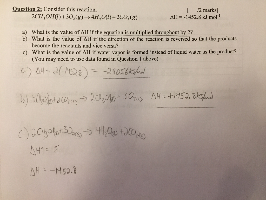 Consider This Reaction 2ch 3oh L 3 O 2 G Chegg Com