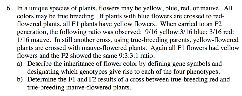 6. In a unique species of plants, flowers may be yellow, blue, red, or mauve. All colors may be true breeding. If plants with blue flowers are crossed to red- flowered plants, all F1 plants have yellow flowers. When carried to an F2 generation, the following ratio was observed: 9/16 yellow:3/16 blue: 3/16 red: 1/16 mauve. In still another cross, using true-breeding parents, yellow-flowered plants are crossed with mauve-flowered plants. Again all Fl flowers had yellow flowers and the F2 showed the same 9:3:3:1 ratio. a) Describe the inheritance of flower color by defining gene symbols and designating which genotypes give rise to each of the four phenotypes. Determine the FI and F2 results of a cross between true-breeding red and true-breeding mauve-flowered plants. b)