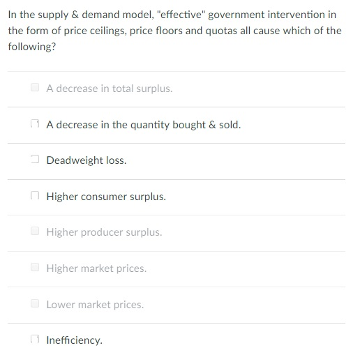 Solved In The Supply Demand Model Effective Governme