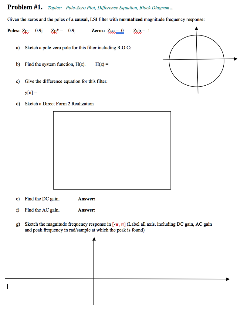 Problem #1. Topics: Pole-Zero plot, Difference Equation, Block Diagram