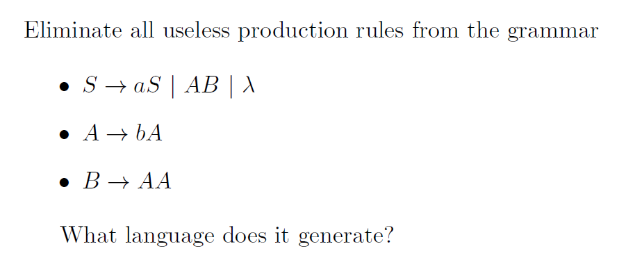 Eliminate all useless production rules from the grammar What language does it generate?