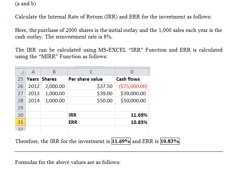 (a and b) Calculate the Internal Rate of Return (IRR) and ERR for the investment as follows Here, the purchase of 2000 shares