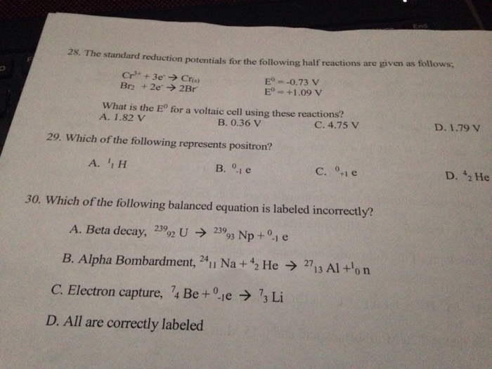 Solved The Standard Reduction Potentials Tor The Followin Chegg Com