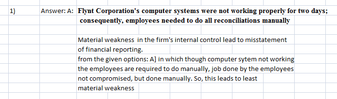 Question & Answer: Which of the following is the least likely to represent a material weakness in internal control for Flynt Corporation?..... 1