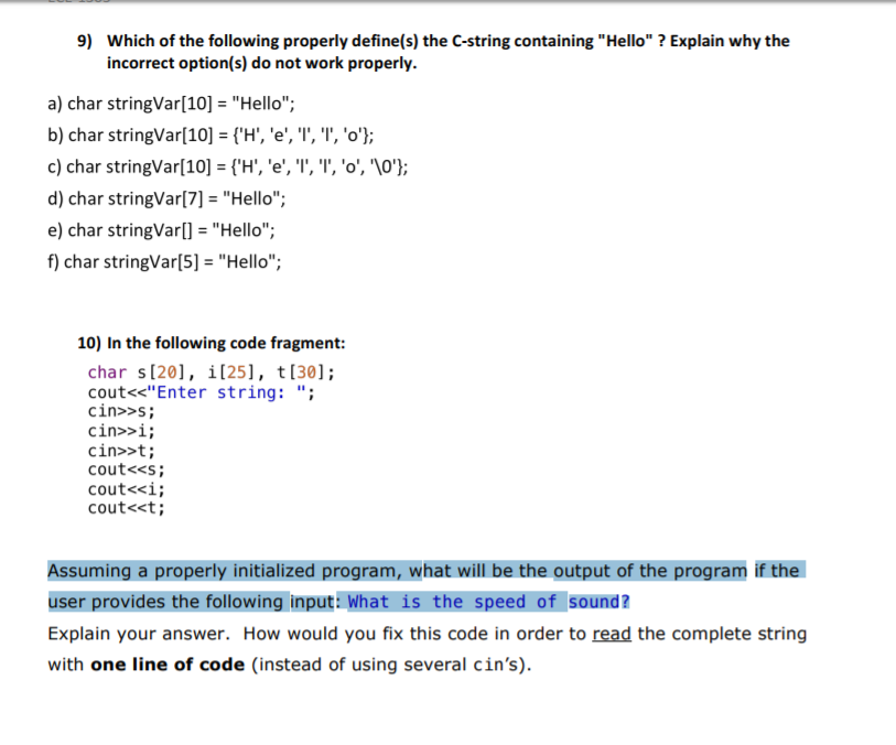Solved 9 Which Of The Following Properly Define S The C Chegg Com