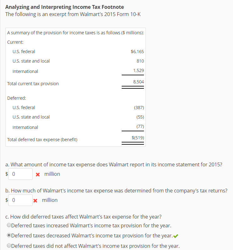 solved analyzing and interpreting income tax footnote the walmart form 10 k
