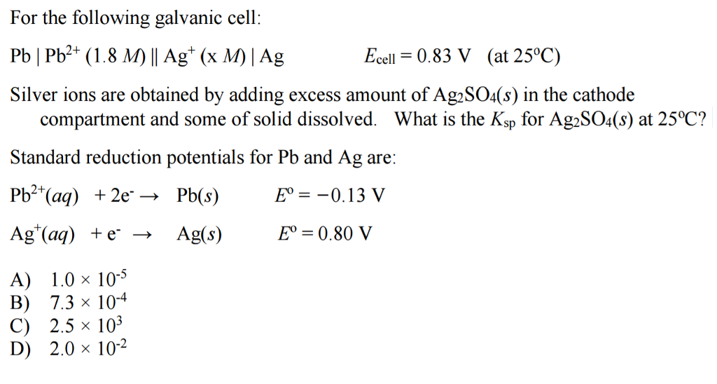 Solved For The Following Galvanic Cell Pb Pb 2 1 8 M Chegg Com