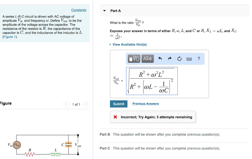 Solved Part A A Series L R C Circuit Is Driven With Ac Vo Chegg Com