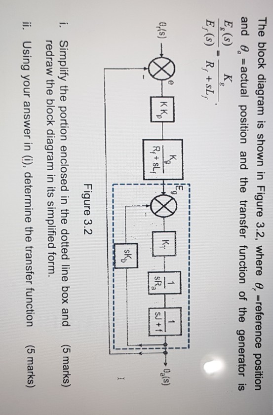 The block diagram is shown in Figure 3.2, where 0-reference position and e, -actual position and the transfer function of the generator is E (s) K E, (s) R, sL, K. IE Kr R+SL sKp Figure 3.2 i. Simplify the portion enclosed in the dotted line box and (5 marks) redraw the block diagram in its simplified form. i. Using your answer in (i), determine the transfer function (5 marks)