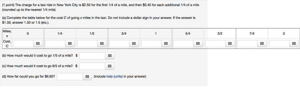 How Much Is A Mile >> Solved 1 Point The Charge For A Taxi Ride In New York C How Much Is A Mile >> Solved 1 Point The Charge For A Taxi Ride In New York C