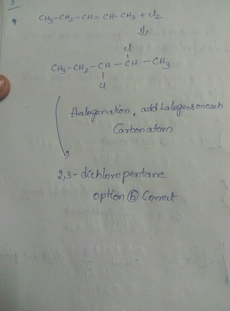 Question & Answer: What is the product of this reaction? CH_3CH_2CH = CHCH_3 + Cl_2 rightarrow ? 3, 4-..... 1