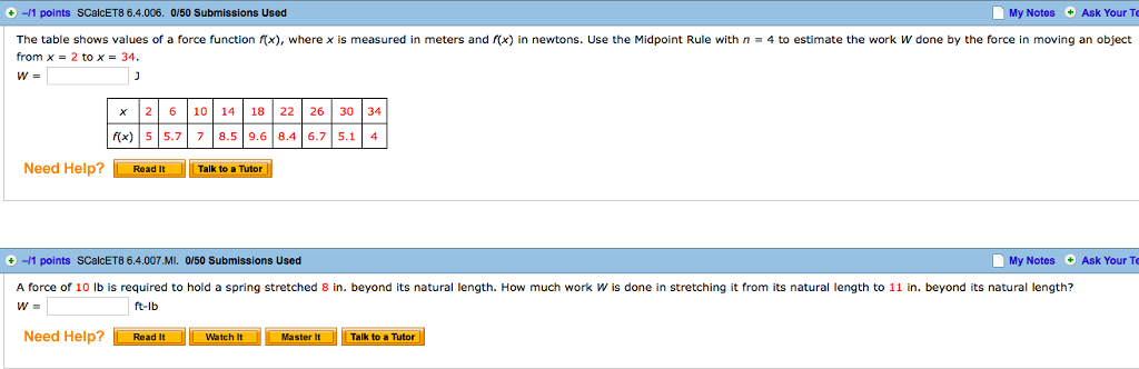 Solved The table shows values of a force function f(x)