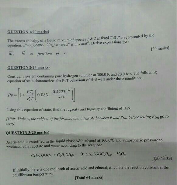Solved Question 1 Marks The Excess Enthalpy Of A Liqu Chegg Com