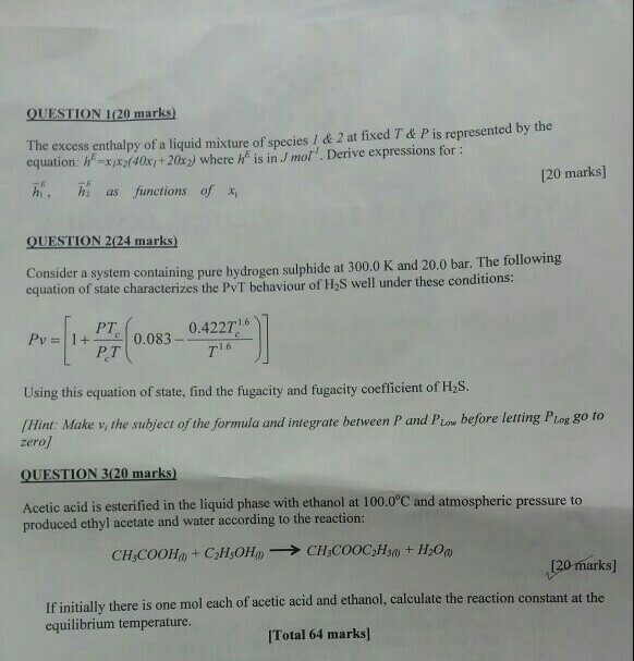 Solved Question 1 Marks The Excess Enthalpy Of A Liqu Chegg Com