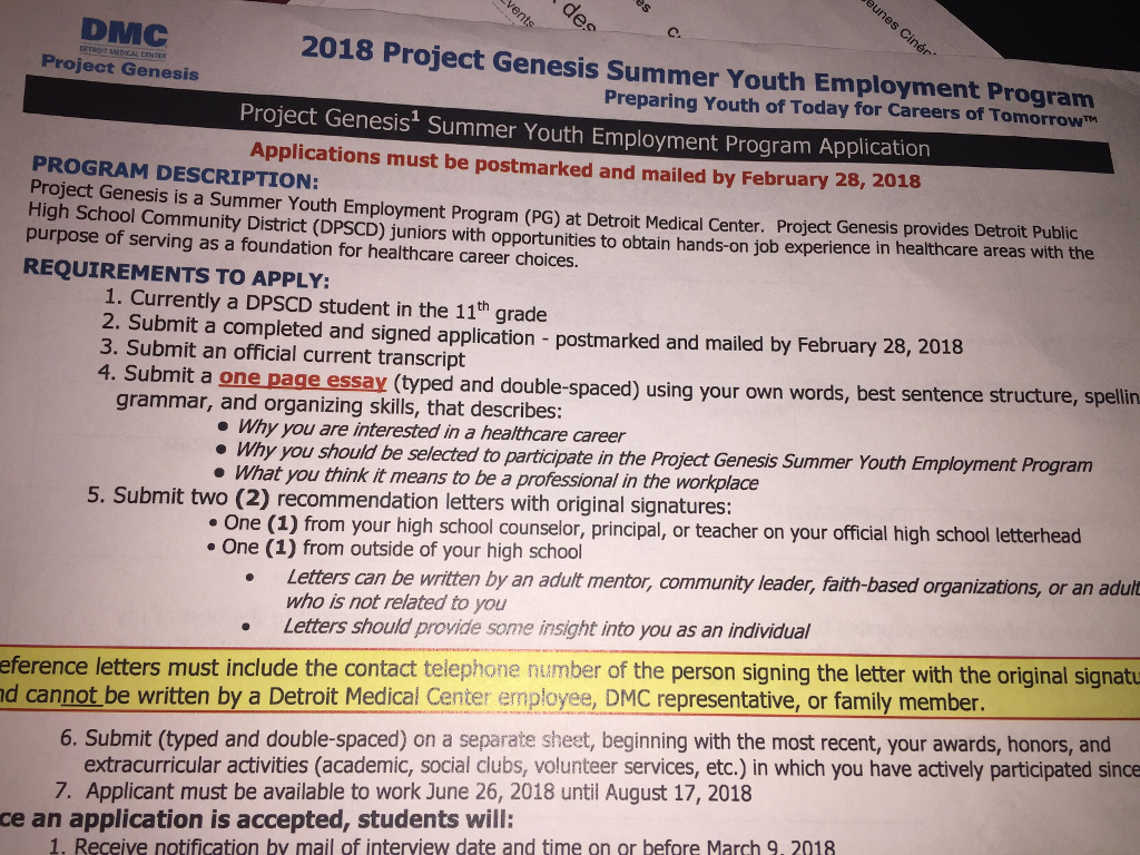 can you guys please write me an essay with the fol cheggcom dmc dethot ndical center project genesis project genesis summer youth employment program preparing youth of can you guys please write me an essay