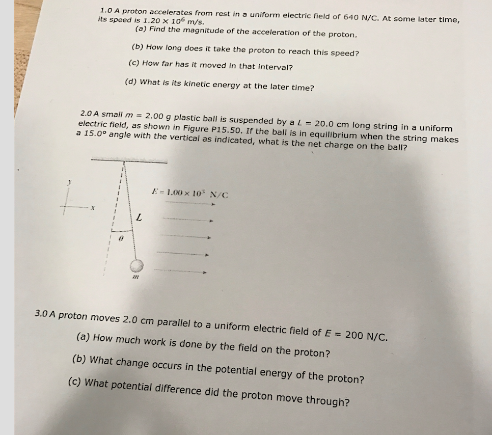 Solved 1 0 A Proton Accelerates From Rest In A Uniform El Chegg Com