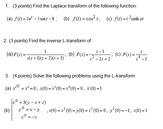 Solved 1 3 Points Find The Laplace Transform Of The Fo Chegg Com