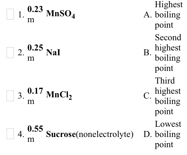 Solved 0 23 Mnso4 Highest A Boiling Point Second Highest Chegg Com