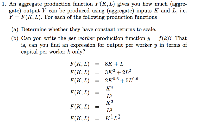 Solved An Aggregate Production Function F K L Gives You Chegg Com