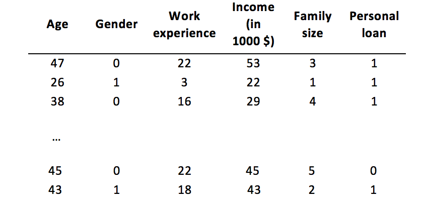 Income work family personal (in 1000s)size gender experience loan 47 26 38 0 1 0 53 1 16 29 45 0 45 5 0 43 18 43 2