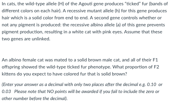 Solved In Cats The Wild Type Allele H Of The Agouti Ge